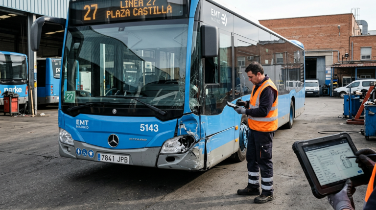 Mecánico evaluando daños de un autobús siniestrado antes de su reparación en CRAU